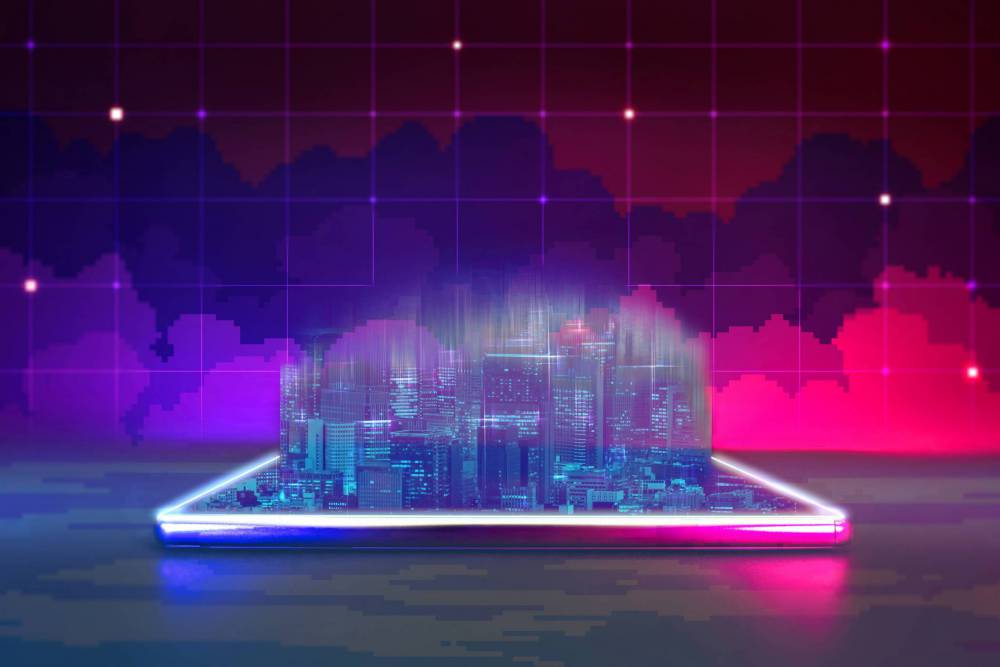 Futuristic,Hologram,City,In,Cyber,Punk,Theme,Color.,Metaverse,Technology